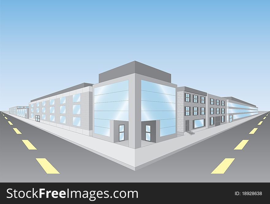 A classic two-point perspective picture of a business district street corner. A classic two-point perspective picture of a business district street corner.