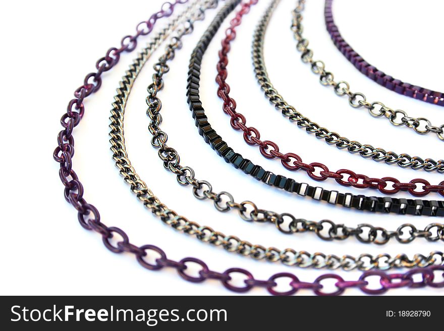 Necklace with colorful chains isolated on white background.