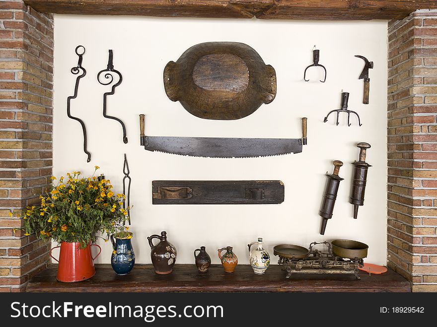 Old Wooden trough, saw and other household items