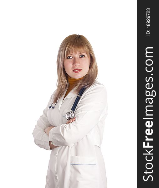 Smiling medical doctor woman with stethoscope. Isolated on white background