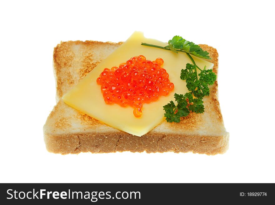 Toast with trout caviar, cheese and vegetables. Toast with trout caviar, cheese and vegetables.