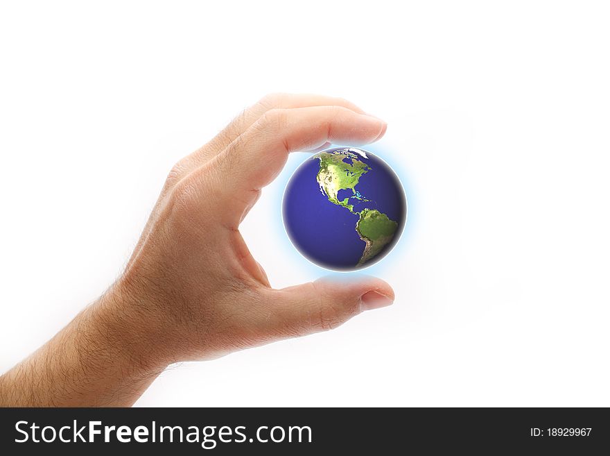 Blue globe in hand of the person on white background