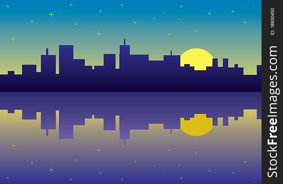 Night city panorama picture - illustration