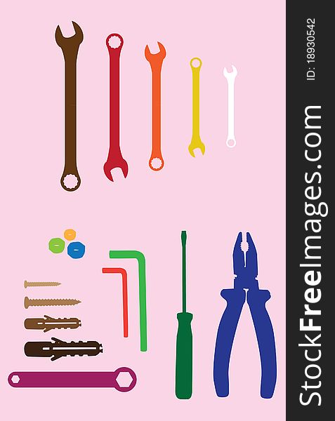 Household tools and spanners on orange background - silhouette illustration