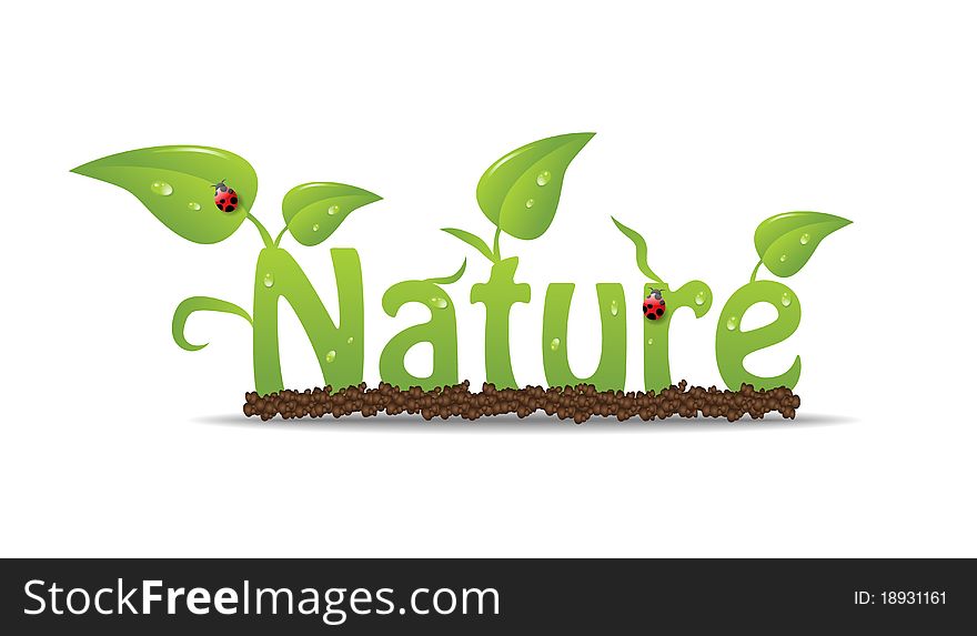 Nature eco sign with leaves growing from the soil, with ladybugs on. Nature eco sign with leaves growing from the soil, with ladybugs on.