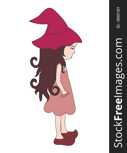 Sad little witch in a big hat, isolated