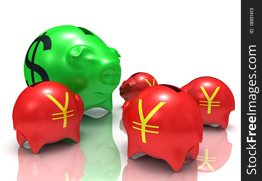 Abstract dollar pig bank against few yen pig banks 3d rendered isolated on white. Abstract dollar pig bank against few yen pig banks 3d rendered isolated on white