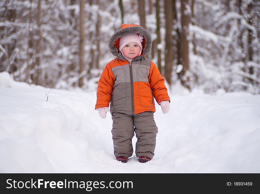 Adorable baby going through deep winter forest by small road. Adorable baby going through deep winter forest by small road