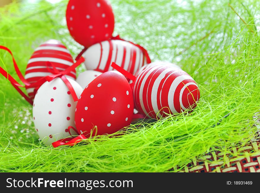 Basket with easter eggs isolated with natural light