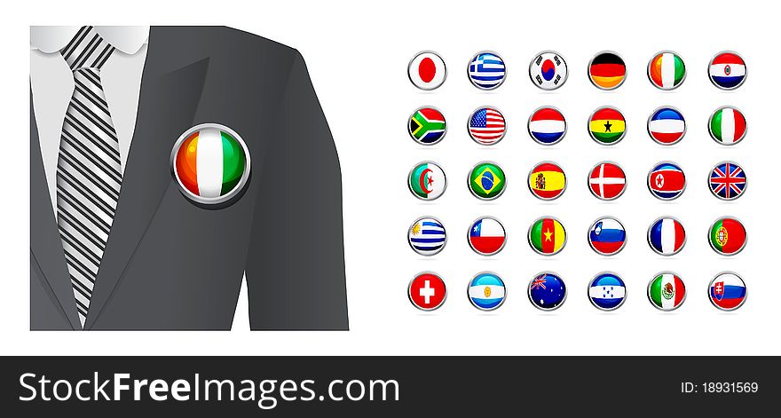 Diplomat with flag badge on white background. Vector set