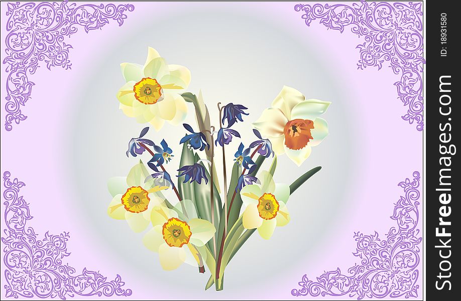 Bunch Of Narcissus In Lilac Frame