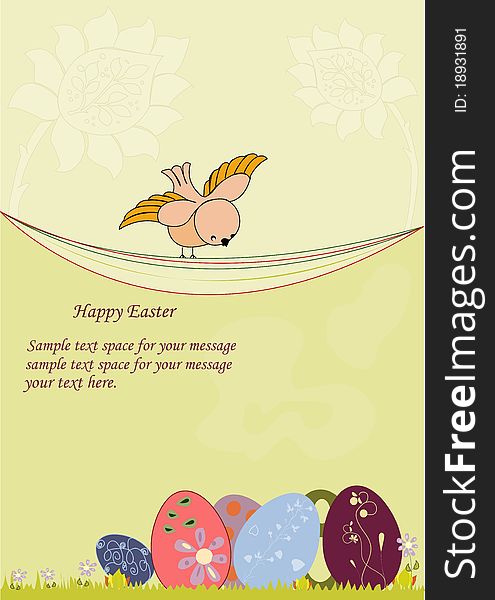 Easter card with bird and eggs