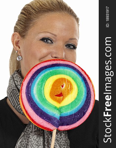 Cute business woman posing with candy lollypop, isolated on white. Cute business woman posing with candy lollypop, isolated on white