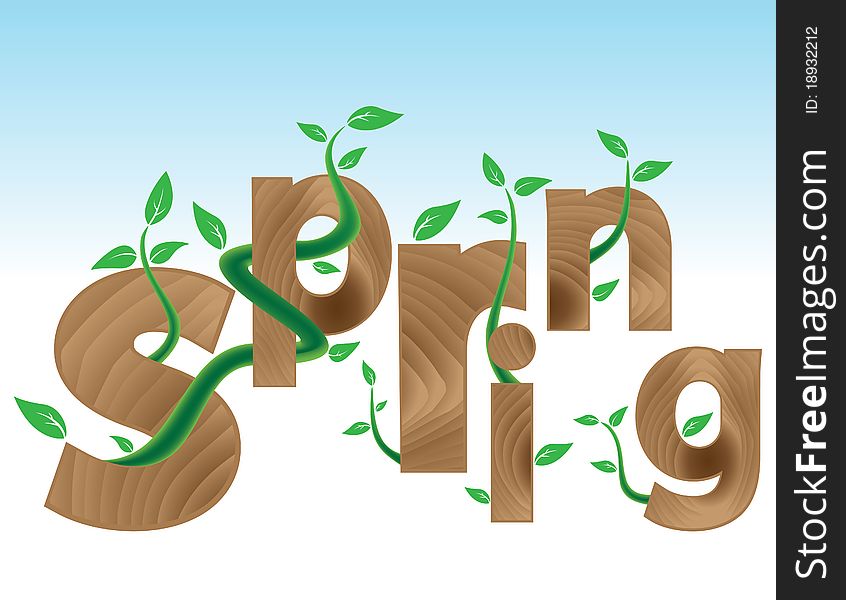 Wood textured Letters SPRING with new green leaves. New life concept. Wood textured Letters SPRING with new green leaves. New life concept.