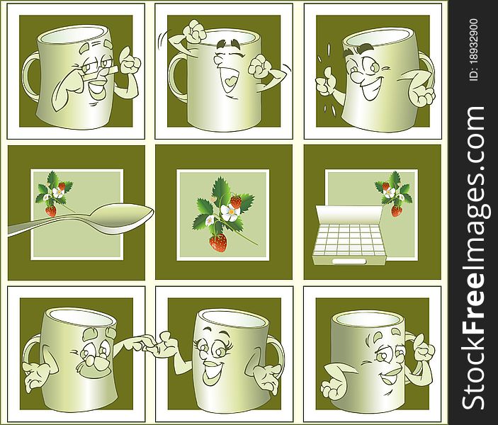 Cartoon cup for tea.Cups, spoons, sugar and strawberries on a green background.Additionally, a vector EPS format.