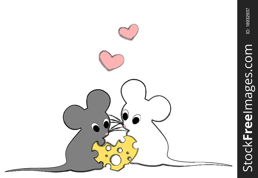 Lovers mouse with cheese in the shape of a heart. Lovers mouse with cheese in the shape of a heart