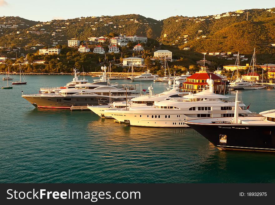 Scenic View of St. Thomas Marina at Sunset, Caribbean