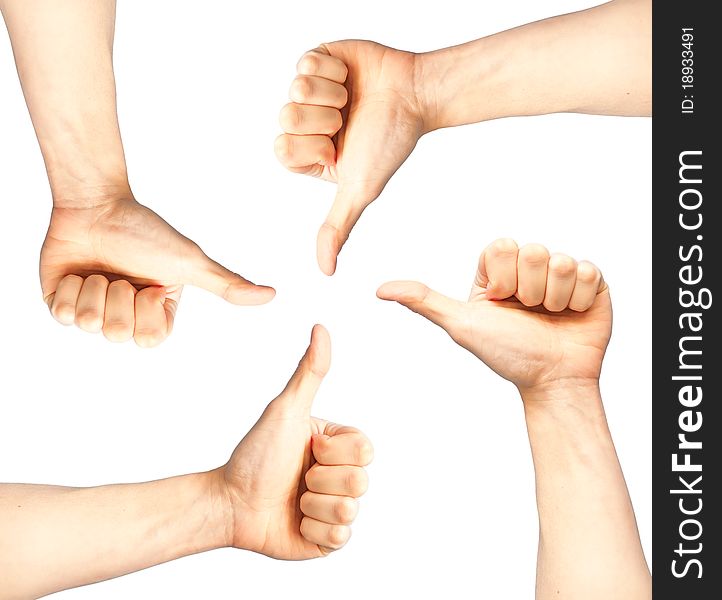 Set of four hands with thumb up isolated on white background