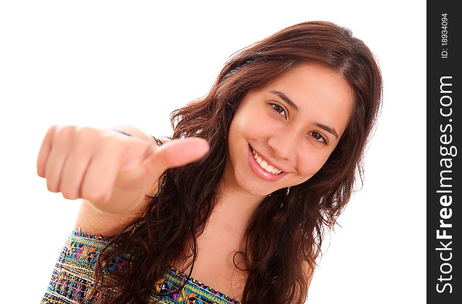 Happy woman with a gesture of positivism in his hand
