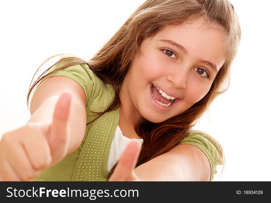 Beautiful girl looking at the camera with a positive attitude in your hands