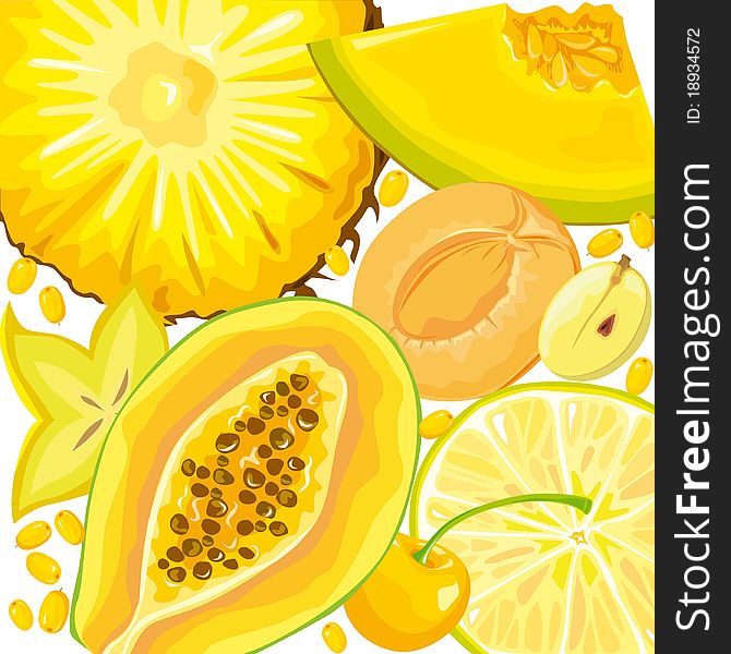 Mix slices of yellow fruits and berries on a white background. Mix slices of yellow fruits and berries on a white background