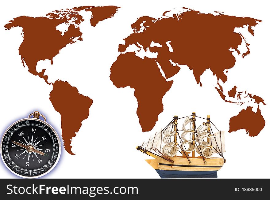 Compass and model classic boat on world map. Compass and model classic boat on world map