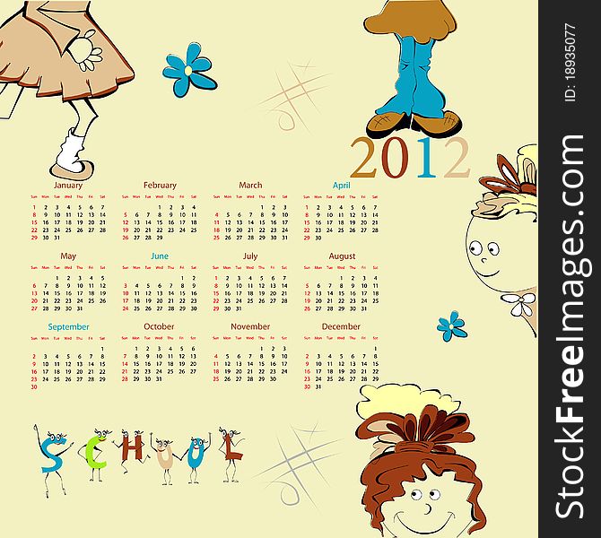 Template for calendar 2012 with cartoon style illustration