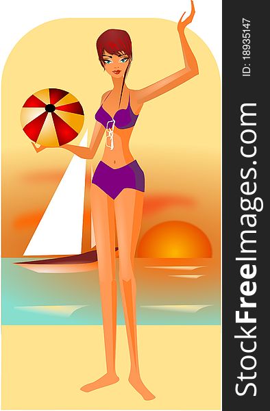 Illustration of woman on beach . Illustration of woman on beach .