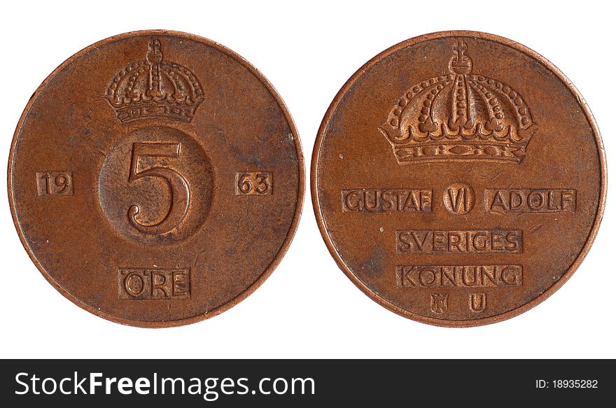 Antique coin of sweden 1921 year isolated on white background