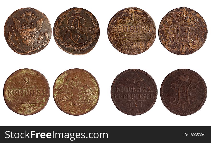 Antique coins of russia 1773-1841 years isolated on white background