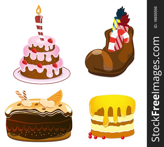 Strawberry cake, chocolate cake, honey cake and a chocolate shoe on a white background. Strawberry cake, chocolate cake, honey cake and a chocolate shoe on a white background