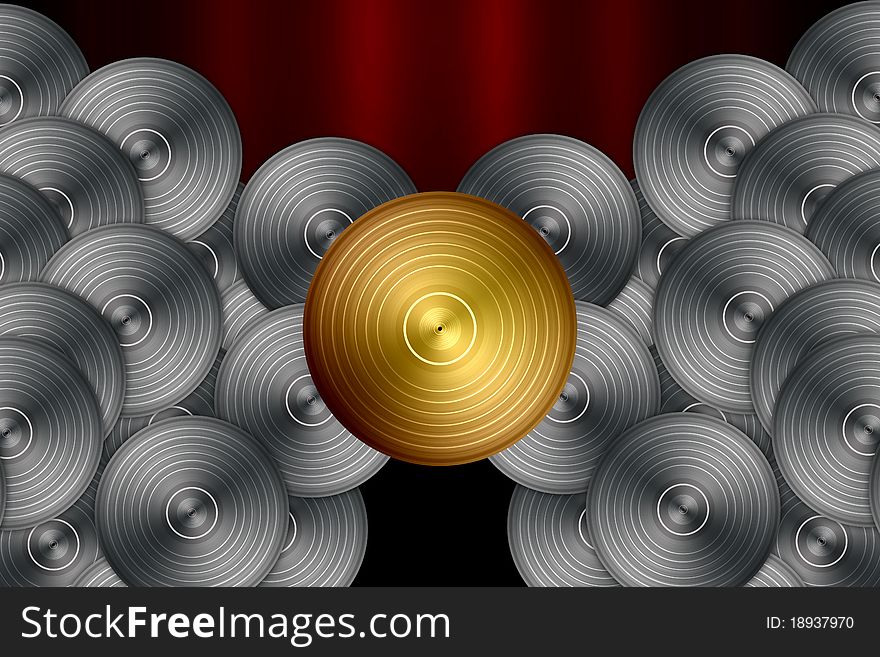 A golden and grey discs on a dark red background. A golden and grey discs on a dark red background