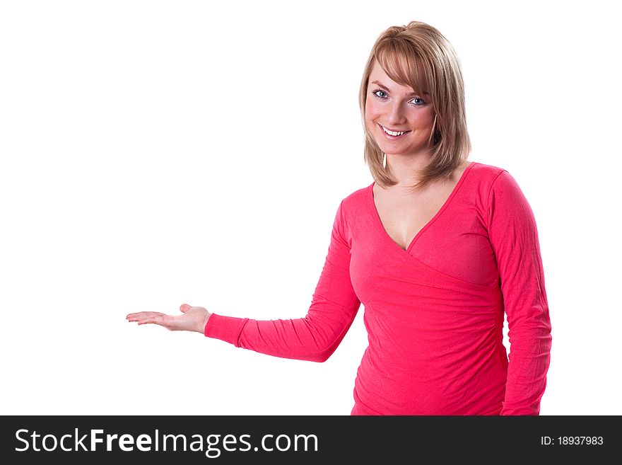 Young happy businesswoman presenting big sale sign on her hand, isolated on white