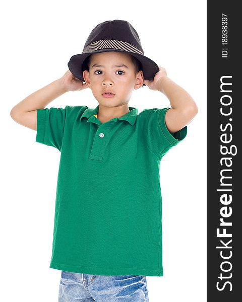 Portrait of a cute little boy with hat, isolated on white background