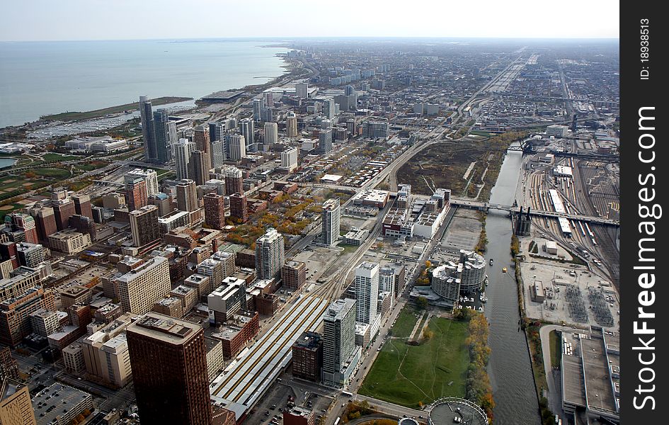 Chicago's panoramic view as it is seen from high tower in winter. Chicago's panoramic view as it is seen from high tower in winter