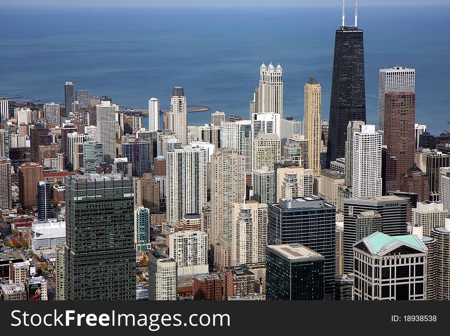 Chicago's panoramic view as it is seen from high tower in winter. Chicago's panoramic view as it is seen from high tower in winter