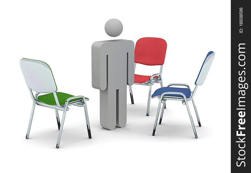 3d render of a grey figurine standing in between three coloured chairs. 3d render of a grey figurine standing in between three coloured chairs