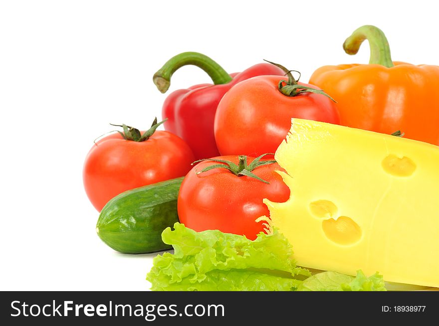 Vegetbles and sheese, isolated on a white background. Vegetbles and sheese, isolated on a white background