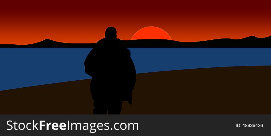 Silhouette of a man looking at the red sun. Silhouette of a man looking at the red sun