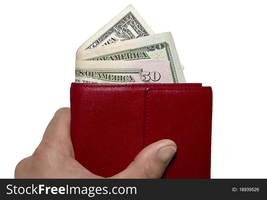 Male hand holding red wallet with US dollar bills. Male hand holding red wallet with US dollar bills