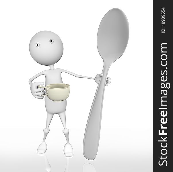 3d man holding a cup of coffee with a spoon on a white background.