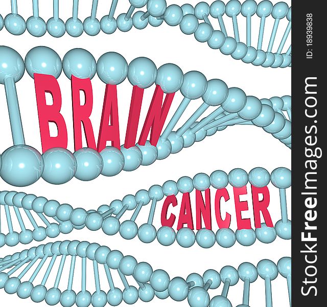 An illustrated DNA strand with the words Brain Cancer embedded in the chain, symbolizing the disease also referred to as glioblastoma multiform, anaplastic glioma, astrocytoma, and oligodendroglioma. An illustrated DNA strand with the words Brain Cancer embedded in the chain, symbolizing the disease also referred to as glioblastoma multiform, anaplastic glioma, astrocytoma, and oligodendroglioma