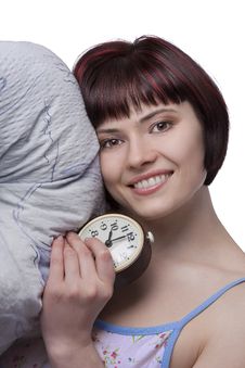 Sleepy Woman Is Holding Alarm Clock Royalty Free Stock Photo Sleepy Woman Is Holding Alarm Clock Royalty Free Stock Photo