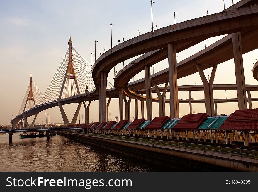 Bhumibol Bridge in Thailand,The bridge crosses the Chao Phraya River twice.