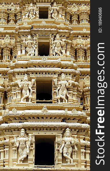 Architecture of a south Indian temple with carvings and sculptures. Architecture of a south Indian temple with carvings and sculptures.