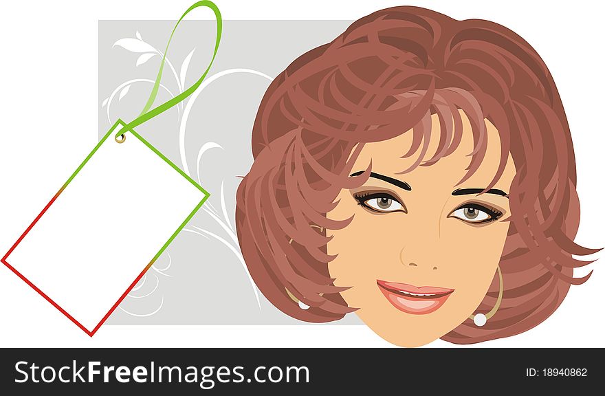Woman portrait and discount card. Illustration