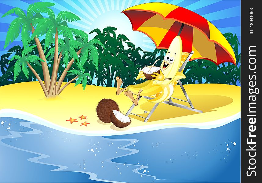 Funny Cartoon Banana on Exotic Beach