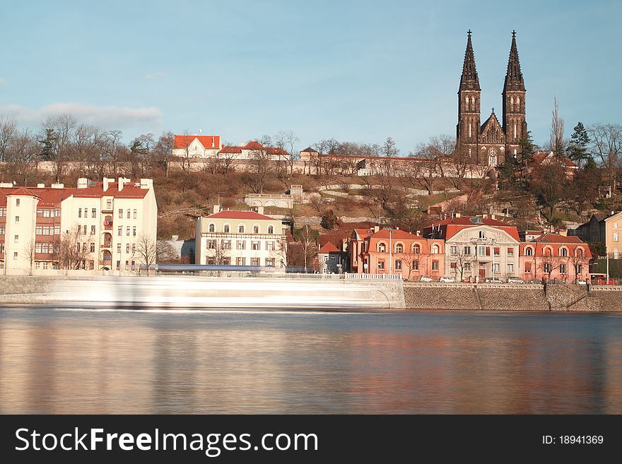 The Vysehrad cathedral seen acrros the river Moldau in Prague, Czech Republic.