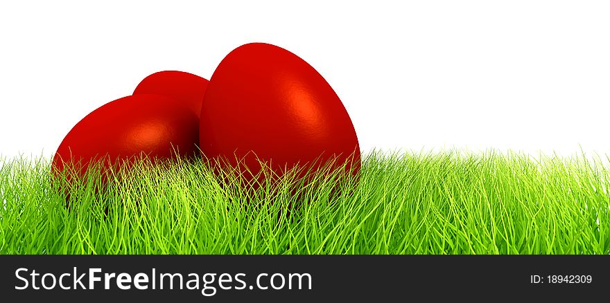 Red eggs in green grass  on white background
