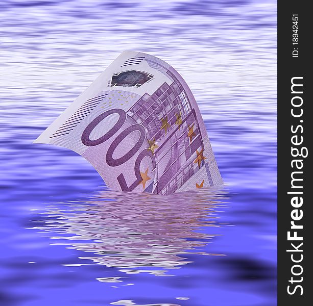 This image shows a bank note of 500 euros with its reflection in water. This image shows a bank note of 500 euros with its reflection in water